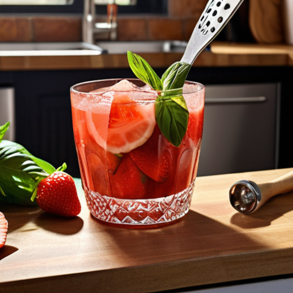 A vibrant, low-alcohol cocktail being mixed at home in a kitchen. Ingredients like fresh fruit (strawberries, lemon) and herbs (basil, rosemary) are visible. Include a cocktail shaker, jigger, and strainer on the counter. The lighting is warm and inviting.
