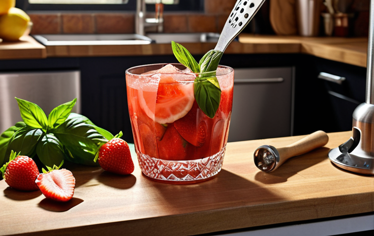 A vibrant, low-alcohol cocktail being mixed at home in a kitchen. Ingredients like fresh fruit (strawberries, lemon) and herbs (basil, rosemary) are visible. Include a cocktail shaker, jigger, and strainer on the counter. The lighting is warm and inviting.