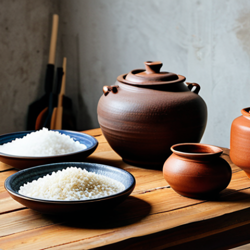 Home 6 A professional studio photograph of traditional Korean earthenware pots (Onggi) resting on a rustic wooden table. The pots are surrounded by raw, natural ingredients like pristine white rice grains, a small bowl of clean water, and a few dried fermentation starters (nuruk). Soft, natural light illuminates the scene, highlighting the texture of the earthenware and the simplicity of the ingredients. The focus is on the authentic process and cultural heritage, emphasizing a clean and serene atmosphere. safe for work, appropriate content, fully clothed, modest clothing, appropriate attire, professional dress, professional, family-friendly, high quality, studio lighting, detailed, realistic, perfect anatomy, correct proportions, natural pose, well-formed hands (conceptual), proper finger count (conceptual), natural body proportions (conceptual).
