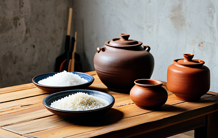 A professional studio photograph of traditional Korean earthenware pots (Onggi) resting on a rustic wooden table. The pots are surrounded by raw, natural ingredients like pristine white rice grains, a small bowl of clean water, and a few dried fermentation starters (nuruk). Soft, natural light illuminates the scene, highlighting the texture of the earthenware and the simplicity of the ingredients. The focus is on the authentic process and cultural heritage, emphasizing a clean and serene atmosphere. safe for work, appropriate content, fully clothed, modest clothing, appropriate attire, professional dress, professional, family-friendly, high quality, studio lighting, detailed, realistic, perfect anatomy, correct proportions, natural pose, well-formed hands (conceptual), proper finger count (conceptual), natural body proportions (conceptual).