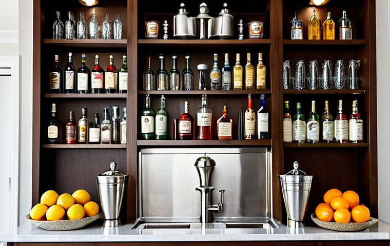 홈바텐더 술 시음 방법 - Home Bartending Setup**
"A well-organized home bar setup, featuring a shaker, jigger, strainer, bar...