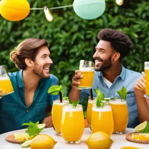 Home 27 홈바텐더 맥주 칵테일 - **Vibrant Mango Beer Lemonade Party**
A lively home party scene featuring a diverse group of you...