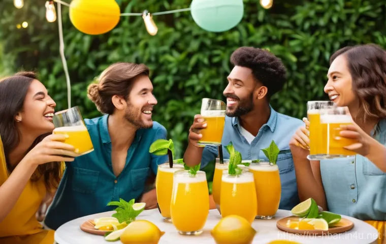 홈바텐더 맥주 칵테일 - **Vibrant Mango Beer Lemonade Party**
A lively home party scene featuring a diverse group of you...