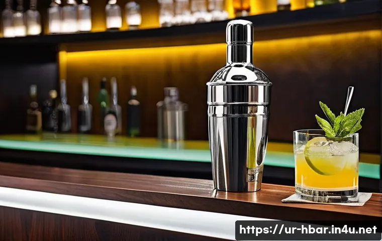 홈바텐더 기본 용어 - **A home bartender meticulously crafting a sophisticated cocktail.** The scene depicts a mid-shot of...